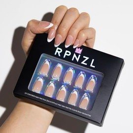 RPNZL Uñas Postizas - París | Punta Francesa, Uñas Almendradas Con Acabado Uv, Reutilizables | 16 Tamaños - 32 Uñas En Kit Con Pegamento Para Asin 'B0