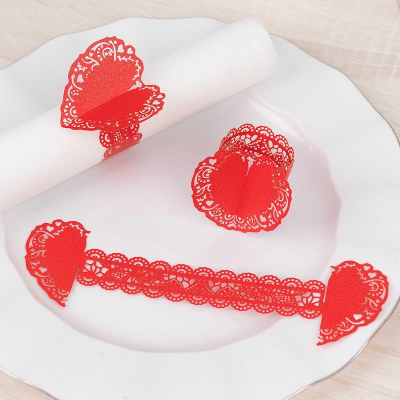 12 Red Shimmery Laser Cut Heart Paper Napkin Rings with