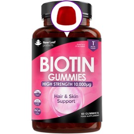 ‎NEW LEAF Beauty Hair Skin & Nails Gummies for Hair Growth & Skin Health Biotin 10,000µg- Vegan Chewable Beauty Vitamins Hair Vitamins for Women & Men - GMO Free, No Artificial Colours or Flavours, 60 Gummys, Made in UK