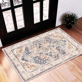 CHAMPLANT 2'x3' Blue Khaki Area Rug Washable Door Mat Vintage Distressed Doormat Indoor Entrance Traditional Thin Floral Print Non Slip Carpet for Kitchen Bathroom Bedroom Living Room