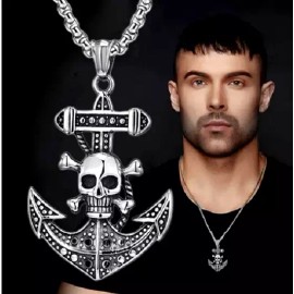 Fashion Jewelry large SKULL PIRATE BONE ANCHOR DEATH SYMBOL pendant German Silver 24" Necklace