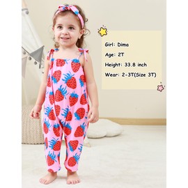 Lindanina Toddler Girls Romper Red Strawberry Sleeveless Kids Jumpsuit Summer Cute 2-3T Clothes Adjustable Tie-Up Strap One Piece Pink Soft Casual Outfits with Pocket Headband Birthday
