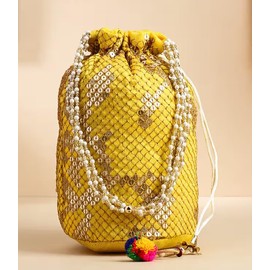 EliteKoopers Silk Indian Ethnic Sequin Potli Bag Batwa Clutch Purse Pearl Handbag For Wedding Evening Party (Yellow)