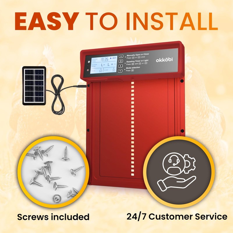 Okkobi Automatic Chicken Coop Door Solar Powered - LCD Display