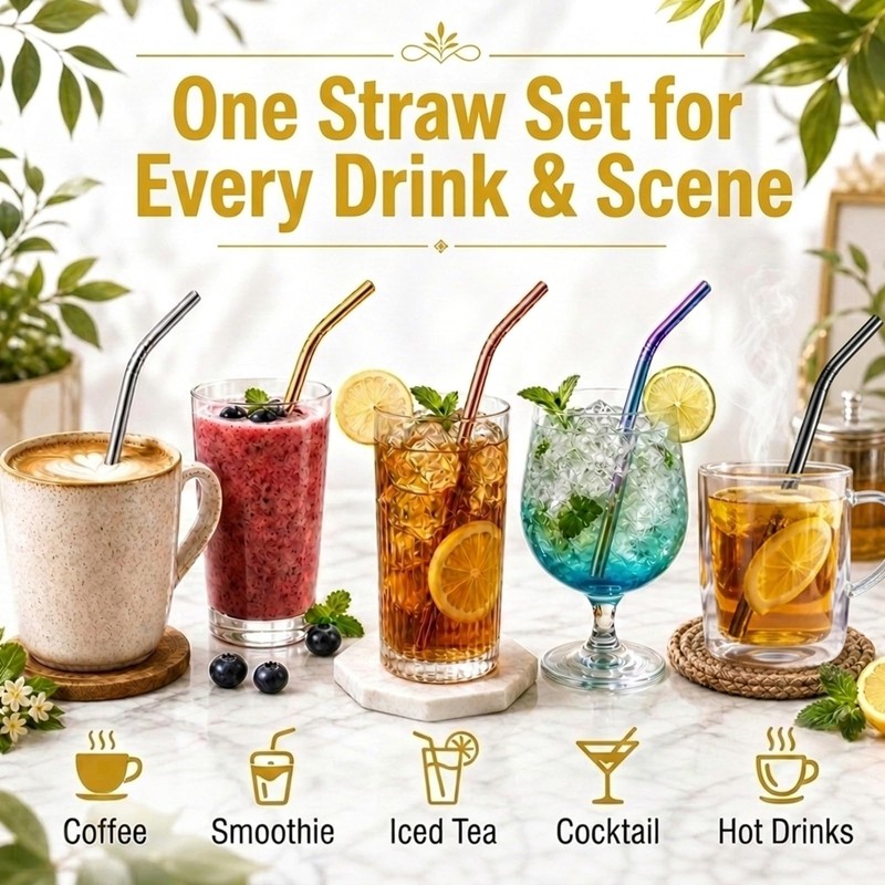 Bamily 12 Pcs Reusable Metal Straws, Curved Stainless Steel Straws