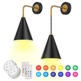 LUMIMAN Black Battery Operated Wall Sconce, Wireless Wall Lights Set of 2, Memory Function, Timer, 13 RGB Dimmable Battery Powered Wall Lamp for Bedroom, Living Room, Hallway