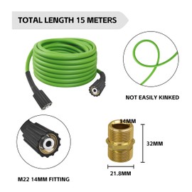 Universal Pressure Washer Hose for Greenworks Power Washer 3300 PSI ，Replacement 5200402 for Greenworks Ryobi Electric Power Wash Hose with M22/14 Fittings (50 FT Green)