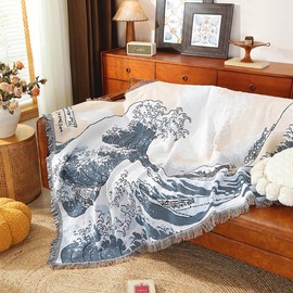 Jhdstore Kanagawa Wave Throw Blanket Woven Reversible Cotton Bed Throw Blankets Japanese Sofa Throws with Tassels Vintage Room Decor Blanket 60”x51”
