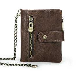 Contacts RFID Mens Wallet with Zip Pocket,Genuine Leather Bifold Wallet with Anti-Theft Chain,Credit Card Organizer with ID Window Vintage