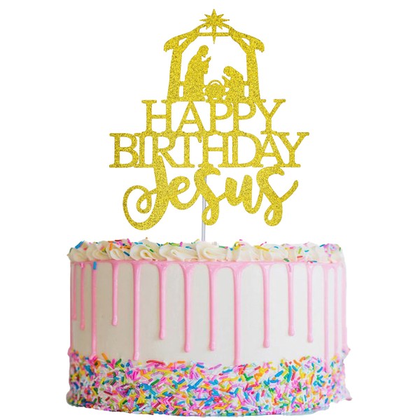 Happy Birthday Jesus Cake Topper, Gold Glitter Jesus Birthday Cake