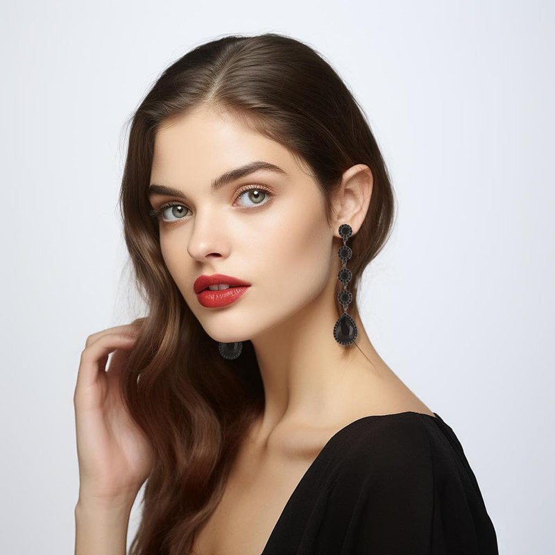 Vintage Black Rhinestone Statement Long Dangle Earrings,Wedding Bridal Elegant Crystal