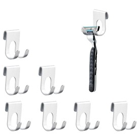 HASLED Pack of 8 Shower Razor Holder - Razor Holder Shower (Silver) - Double Hook Design for Razors & Towels - No Drilling Required