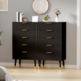 MilleLoom 5 Drawer Dresser for Bedroom, Modern Closet Dressers Chest of Drawers, Wood Storage Dresser Chest Cabinet Organizer Unit, Small Fluted Nightstands for Bedroom, Black