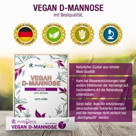 Pharmavital Vegan D-Mannose Powder Sticks, Pack of 30, Purest Corn Quality without Additives, 100% Natural, Produced in Germany and Free from Additives