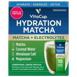 VitaCup Hydration Matcha Instant Packets, for Natural Energy and Detox, w/Electrolytes, Ceremonial Grade Organic Matcha, Coconut Water, Pink Himalayan Salt, Magnesium, in Single Serve Sticks, 10 Ct