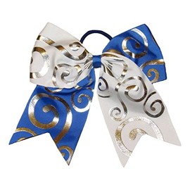 "Silver Swirl White & Blue" Cheer Bow Pony Tail Ribbon Hair Bow Cheerleading