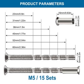 VooGenzek 15 PCS M5 Door Handle Screws, Screws Connecting Bolts and Sleeve, Nickel Plated Screws for Escutcheons, Door Handle, Cabinet, Drawers