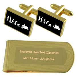 Evolution Monkey For People Motorcycle Gold Engraved Money Clip and Cuff Links Gift Set