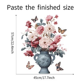 Vintage Vase with Painted Flowers and Butterflies Wall Stickers Decor Flower Wall Decals Flower Wall Art for Living Room Classical Vase Wall Decorations Flower Wall Stickers Home Decor 22.4x17.7 Inch