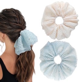 Qigfucm 2 Pack Oversized Organza Hair Scrunchies with Faux Pearl Embellished - 7.9" French Inspired Elegant Mesh Jumbo Scrunchies Hair Ties for Wedding Engagement Party