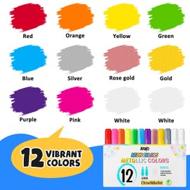 12 Pack Liquid Chalk Markers Erasable Neon Pens,Including 3 Metallic Colors | Wet Wipe Washable Paint for Chalkboard Sign, Blackboards, Car Window, Glass, Bistro, Board, Mirror,6mm Reversible Tip