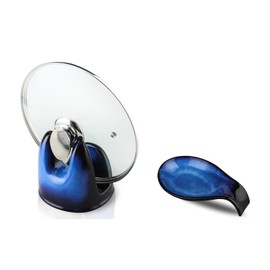 Nihow Pot Lid Holder and Spoon Rest for Kitchen Counter/Stove Top While Cooking - Heat Resistant & Dishwasher Safe - Elegant Black & Blue Sets