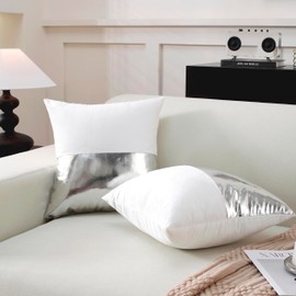 TAOSON Pack of 2 Velvet Decorative Throw Pillow Covers White Patchwork with Silver Leather Pillow Covers 18 × 18 Inch Cushion Covers Decor Living Room Sofa Bedroom Car Only Cover No Insert