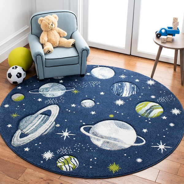 SAFAVIEH Carousel Kids Collection 6'7" Round Navy/Ivory CRK103N Outer Space Non-Shedding Playroom Nursery Bedroom Area Rug