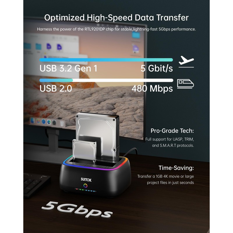 SUITOK Dual Bay SATA Hard Drive Cloner Dock USB C