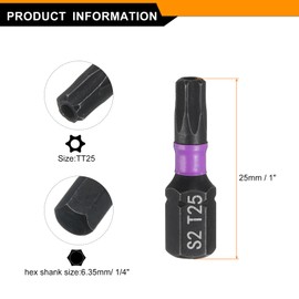 sourcing map 8pcs TT25 Torx Screwdriver Bit 1/4" Hex Shank 25mm/1" Length Magnetic Star 6 Point Head Hex Bits S2 Steel Screw Driver Bit with Hole Industrial Grade Electric Drill Bits
