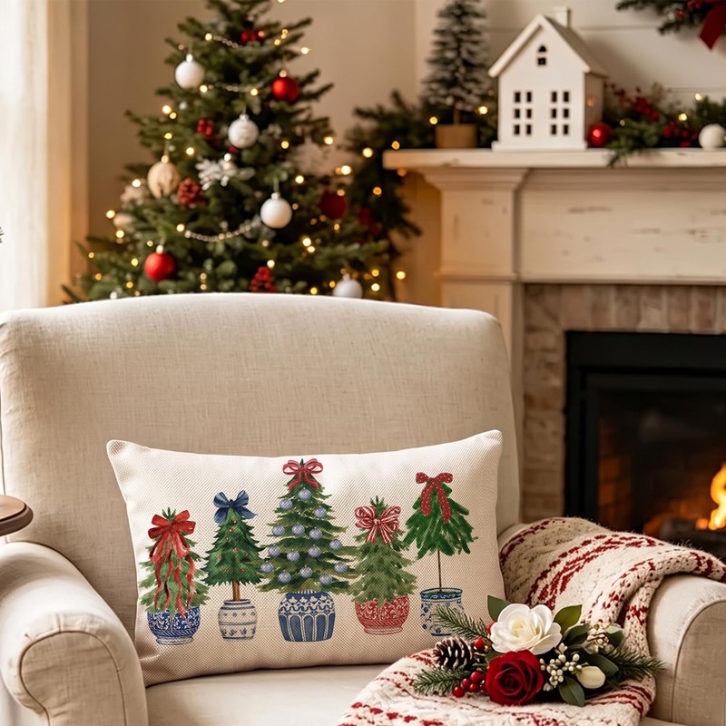 Christmas Blue Porcelain Lumbar Pillow Cover 12x20 Inch 1 Piece