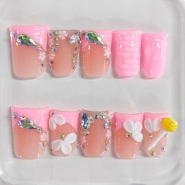 Handmade Press on Nails Short Duck 3D Floral Cute Thick Acrylic Fake Nails Pink French Tip False Nails with Rhinestones Pearls Petal Flower Designs Sturdy Nail Art Press on Nails 10 Pcs(M)