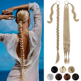 Cephermer Braided Ponytail Extension 26'' 30'' DIY Long Braid Hair Extensions Ponytail with Elastic Tie Straight Wrap Around Natural Soft Synthetic Hairpiece for Women Ash Blonde