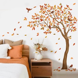 wondever Fall Large Tree Wall Stickers Autumn Falling Leaves Peel and Stick Wall Art Decals for Living Room Bedroom TV Walls (H: 67 Inches）