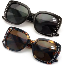 V.W.E. 2 Pairs Women Bifocal Sunglasses Rhinestones Outdoor UV Protection Reading Glasses Butterfly Elegance 106 (1 Black 1 Tortoise, 1.00, x)