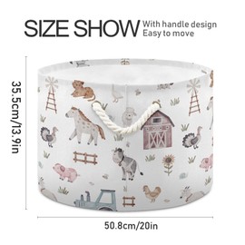 Burbuja Farm Animals Round Storage Basket with Cotton Rope Handles, Laundry Basket for Blankets, Toys, Nursery, Living Room Decoration