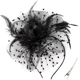 CCAIPU Fascinators Hat for Women, Flower Feathers Mesh Hats Tea Party Hat Derby Hat Hair Accessories Wedding Hats (UK, Alpha, One Size, Black-B)