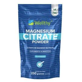 Wellthy Citrato de Magnesio en Polvo 250g. Equivalente a 417mg de Magnesio por Scoop, 100 Porciones por Envase, solamente un ingrediente, Scoop Incluído, Bottle Free.