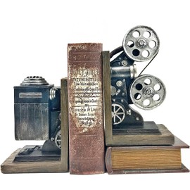 Bellaa 20904 Vintage Camera Bookends Film Movie Projector Book Shelves Cottage Farmhouse Antiques Home Decor Black and Silver 8 Inch
