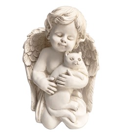 Realideas 7" Resin Angel with Cat Statue, Pet Cat Memorial Sculpture, Indoor/Outdoor, White