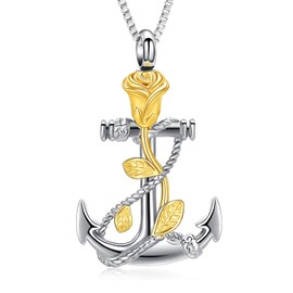 XSMZB Rose Flower Anchor Urn Necklace for Ashes Stainless Steel Cremation Ashes Jewelry for Human Pet Anchor Funeral Memorial Pendant(Gold)