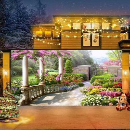 DORCEV 7x16ft Spring Beautiful Garden Garage Door Decorations Vintage Garden Architecture Pillars Blooming Flowers Garage Door Cover Yard Outdoor Wedding Party Portraits Photo Booth Props Wallpaper