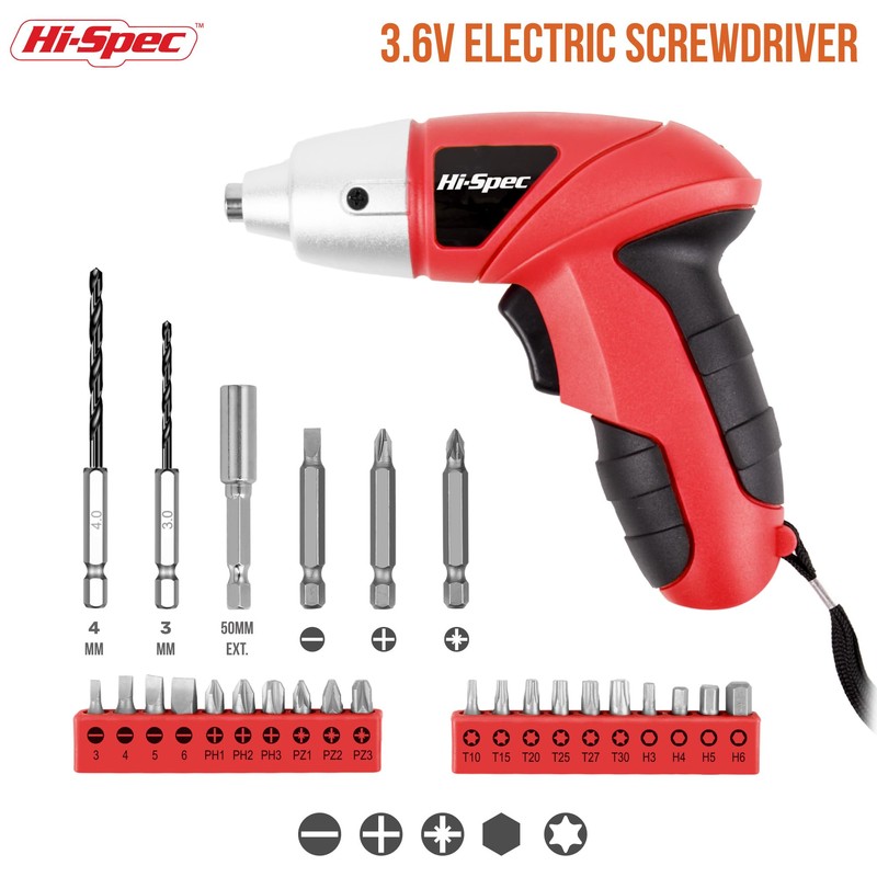 Hi-Spec 27pc 3.6V Red Small Power Electric Screwdriver Set. Cordless