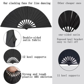 Kisajar 2 Pack Large Fans for Line Dancing - 13in Double-Sided Satin,Clack Popping Boots on The Ground Folding Hand Clap Fan for Dance Club Rave Party Outdoor Events(Black)