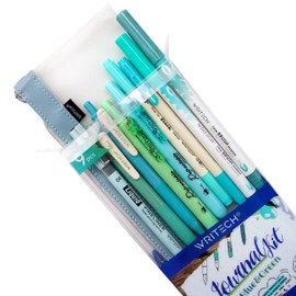 Writech Journaling Kit, Gel Ink Pens/Retractable Highlighters/Dual Tip Brush Pens/Fineliner Pens, Smooth Writing Assorted Colors Journaling Supplies, 9 Count with Pen Bag (Vitality blue & green)