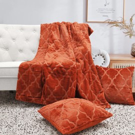 BYTIDE Trellis Faux Fur Sherpa Back 50" x 60" Plush Throw Blanket with Two 18" x 18" Pillow Covers (NO Insert) 3 Pcs Set, Soft Fuzzy Furry Throw and Cushion Cases for Couch Bed Sofa, Burnt Orange
