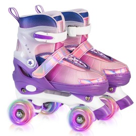LEVYTEMP Rainbow Roller Skates for Girls Kids, Gradient Purple 4 Size Adjustable Quad Skates Size Large Ages 8-12 with All Light Up Wheels for Kids Youth Outdoor Indoor