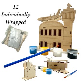 Oojami Wooden Airplane Airport Control Tower Crafting Kit: 12 DIY Unfinished Airplane Decoration Party Favors Supplies Ideal for Kids and Adults of All Ages with Paints and Brush (DIY)
