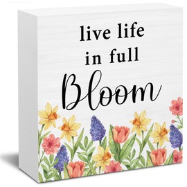 Spring Decorations, Live Life in Full Bloom Wooden Block Sign, Spring Decorations for Home Office, Spring Decor for Desk Table Shelf, 5 X 5 Inches