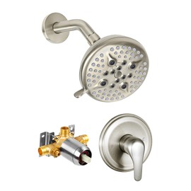 KINSE Shower Valve and Trim Kit, Shower Faucet Set With 5 Inches Rain Shower Fixtures, 5-Spray Shower Head and Faucet Set, Single Handle Control Shower Faucet Set with Valve (BrushedNickel）